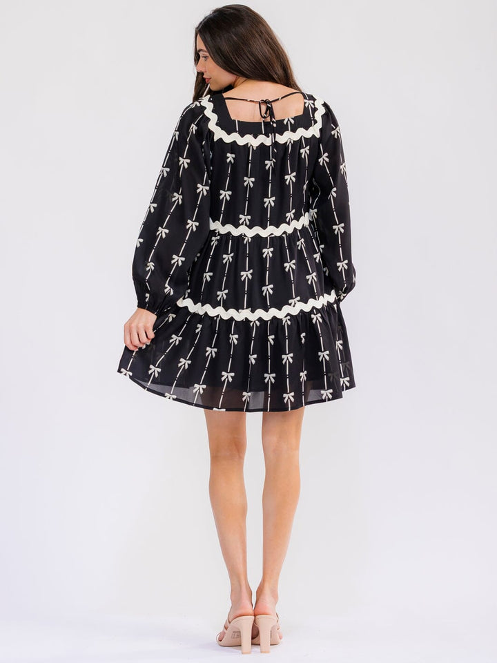 WOMEN'S LONG SLEEVE SQUARE NECK BOWS PRINT TIERED TUNIC MINI DRESS