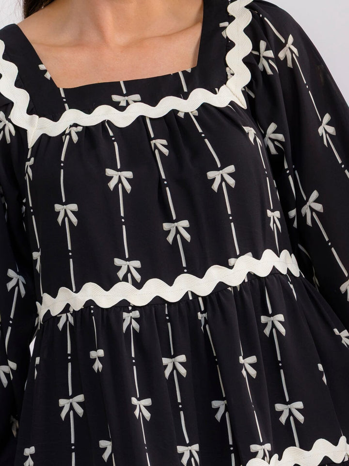 WOMEN'S LONG SLEEVE SQUARE NECK BOWS PRINT TIERED TUNIC MINI DRESS