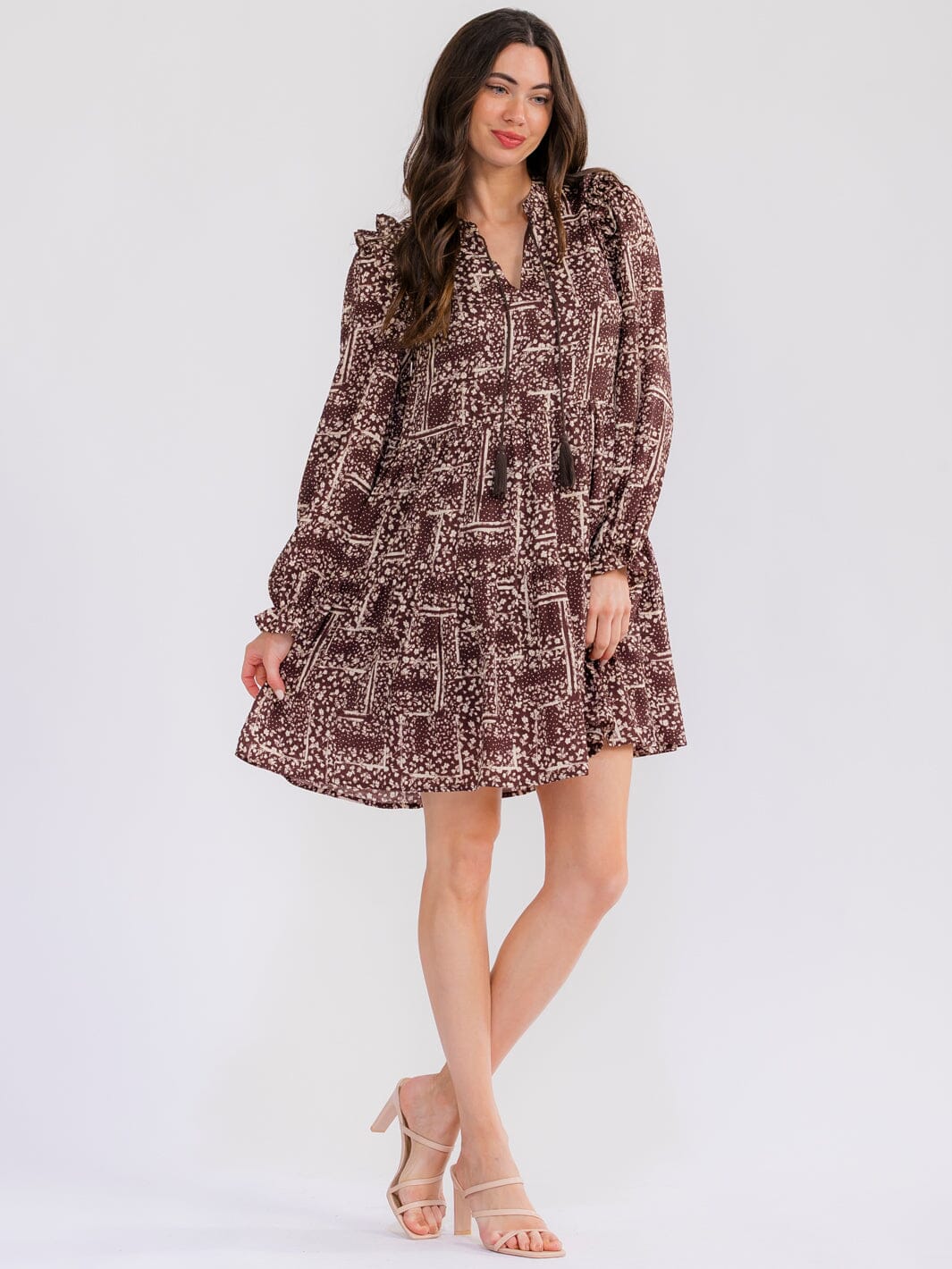 WOMEN'S LONG SLEEVE FRONT POCKETS V-NECK FLORAL MINI DRESS