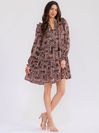 WOMEN'S LONG SLEEVE FRONT POCKETS V-NECK FLORAL MINI DRESS