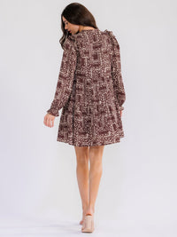 WOMEN'S LONG SLEEVE FRONT POCKETS V-NECK FLORAL MINI DRESS