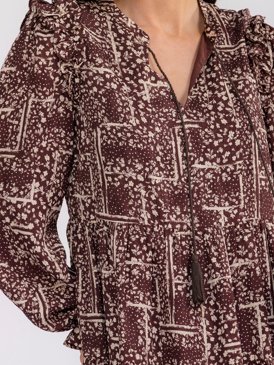 WOMEN'S LONG SLEEVE FRONT POCKETS V-NECK FLORAL MINI DRESS
