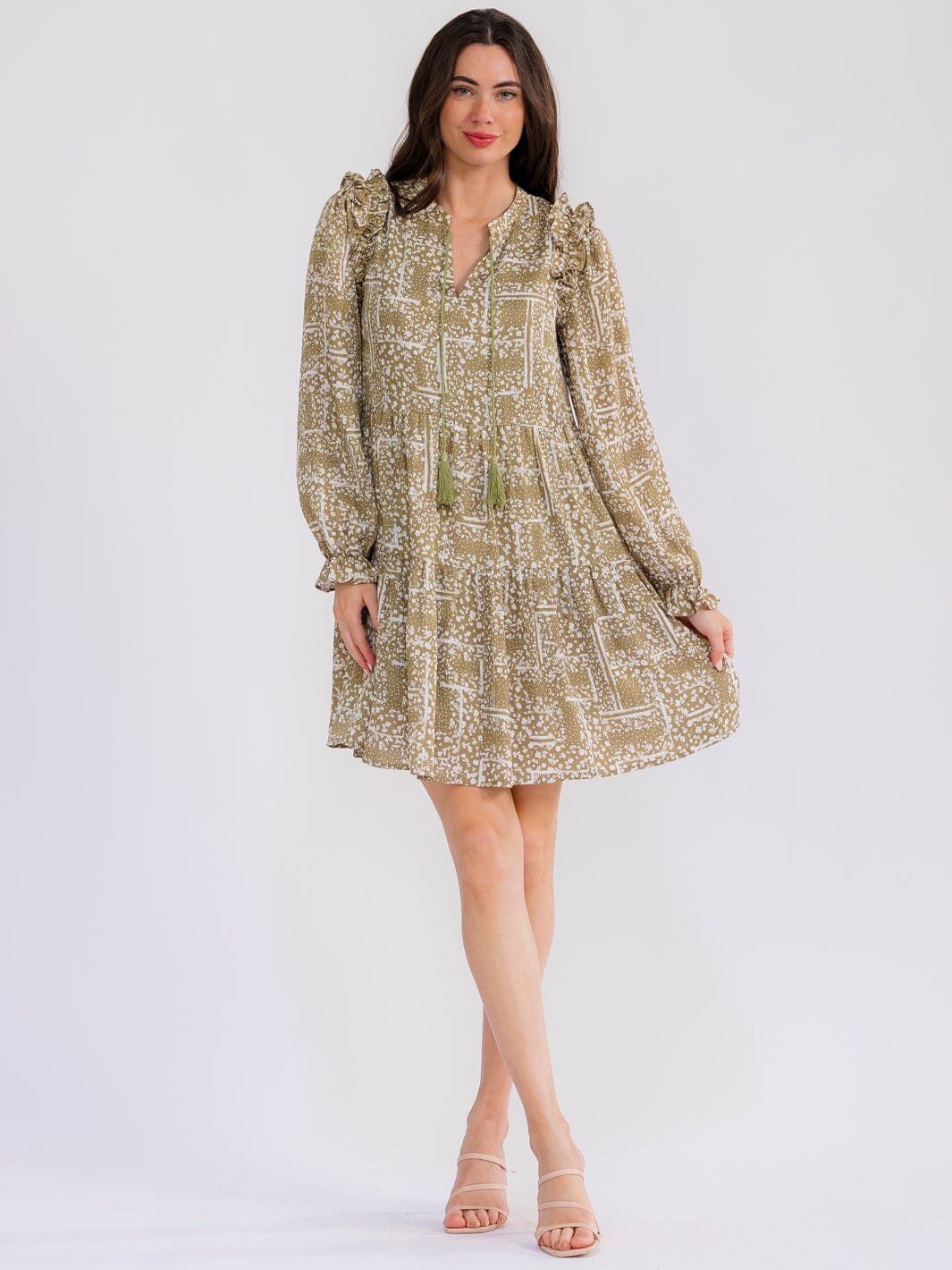 WOMEN'S LONG SLEEVE FRONT POCKETS V-NECK FLORAL MINI DRESS