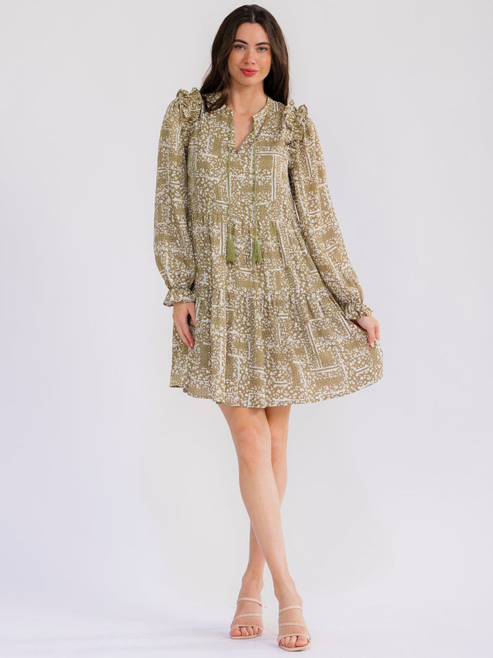 WOMEN'S LONG SLEEVE FRONT POCKETS V-NECK FLORAL MINI DRESS