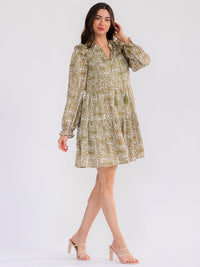 WOMEN'S LONG SLEEVE FRONT POCKETS V-NECK FLORAL MINI DRESS