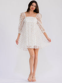 WOMEN'S 3/4 SLEEVE SQUARE NECK FLORAL BABYDOLL MINI DRESS