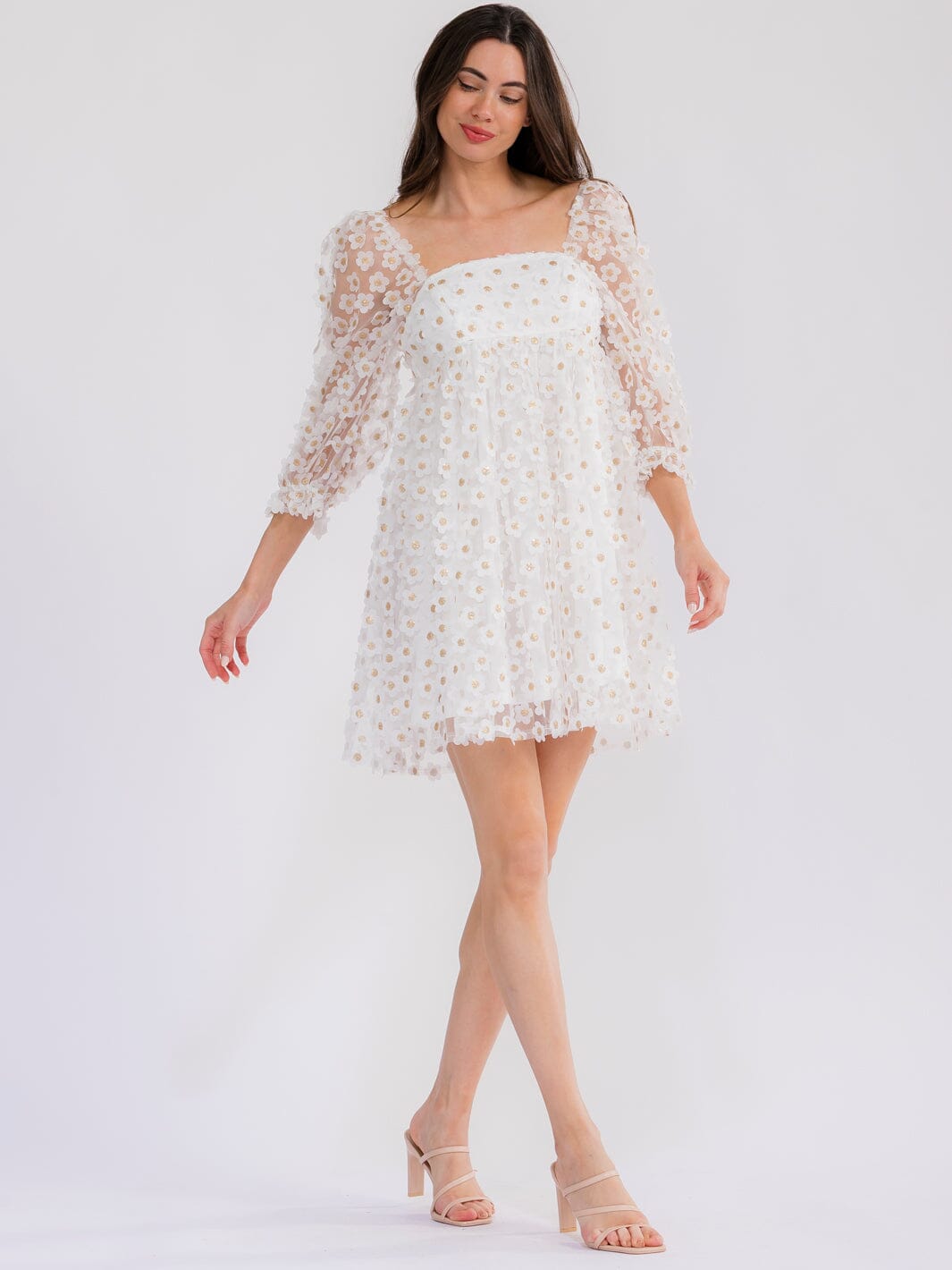 WOMEN'S 3/4 SLEEVE SQUARE NECK FLORAL BABYDOLL MINI DRESS