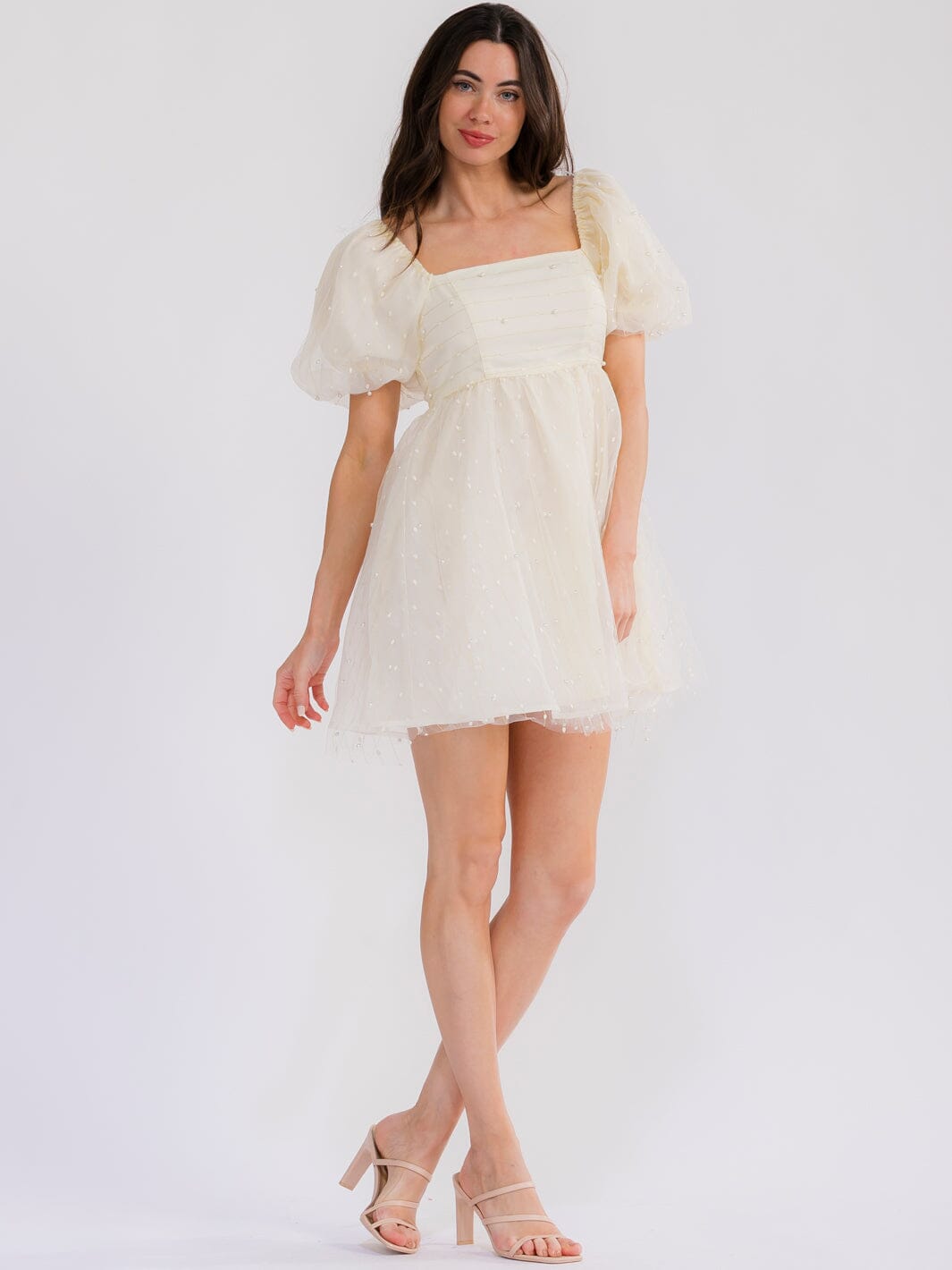 WOMEN'S SHORT PUFF SLEEVE SQUARE NECK PEARL SHIMMER MINI DRESS