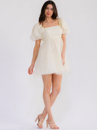 WOMEN'S SHORT PUFF SLEEVE SQUARE NECK PEARL SHIMMER MINI DRESS