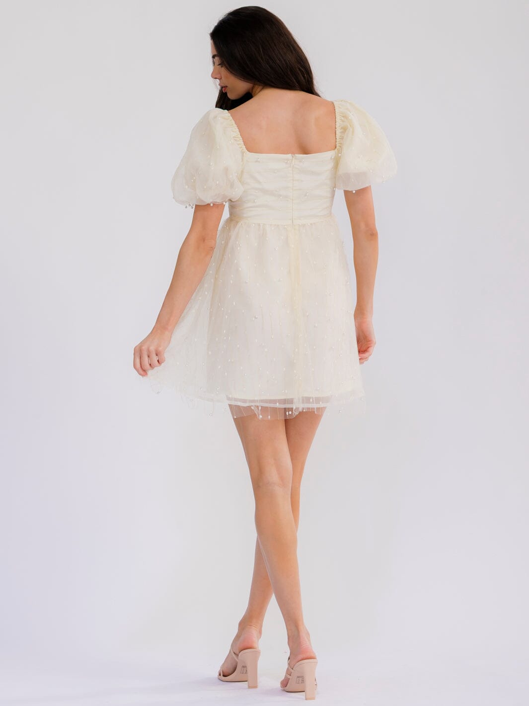 WOMEN'S SHORT PUFF SLEEVE SQUARE NECK PEARL SHIMMER MINI DRESS