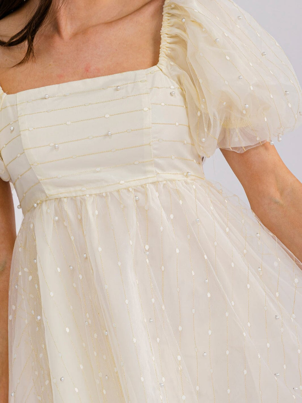 WOMEN'S SHORT PUFF SLEEVE SQUARE NECK PEARL SHIMMER MINI DRESS