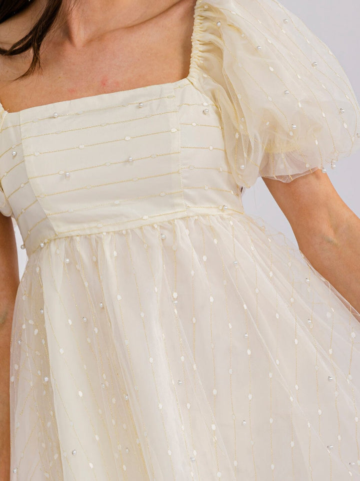 WOMEN'S SHORT PUFF SLEEVE SQUARE NECK PEARL SHIMMER MINI DRESS