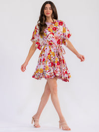 WOMEN'S SHORT SLEEV BELTED FLORAL MINI DRESS