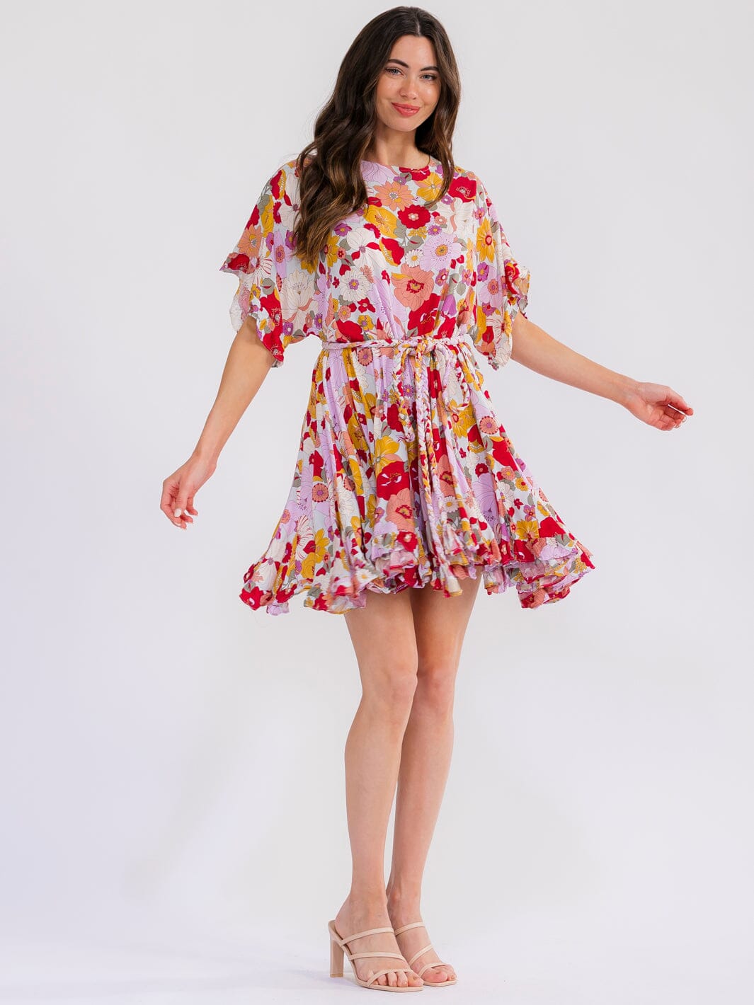 WOMEN'S SHORT SLEEV BELTED FLORAL MINI DRESS