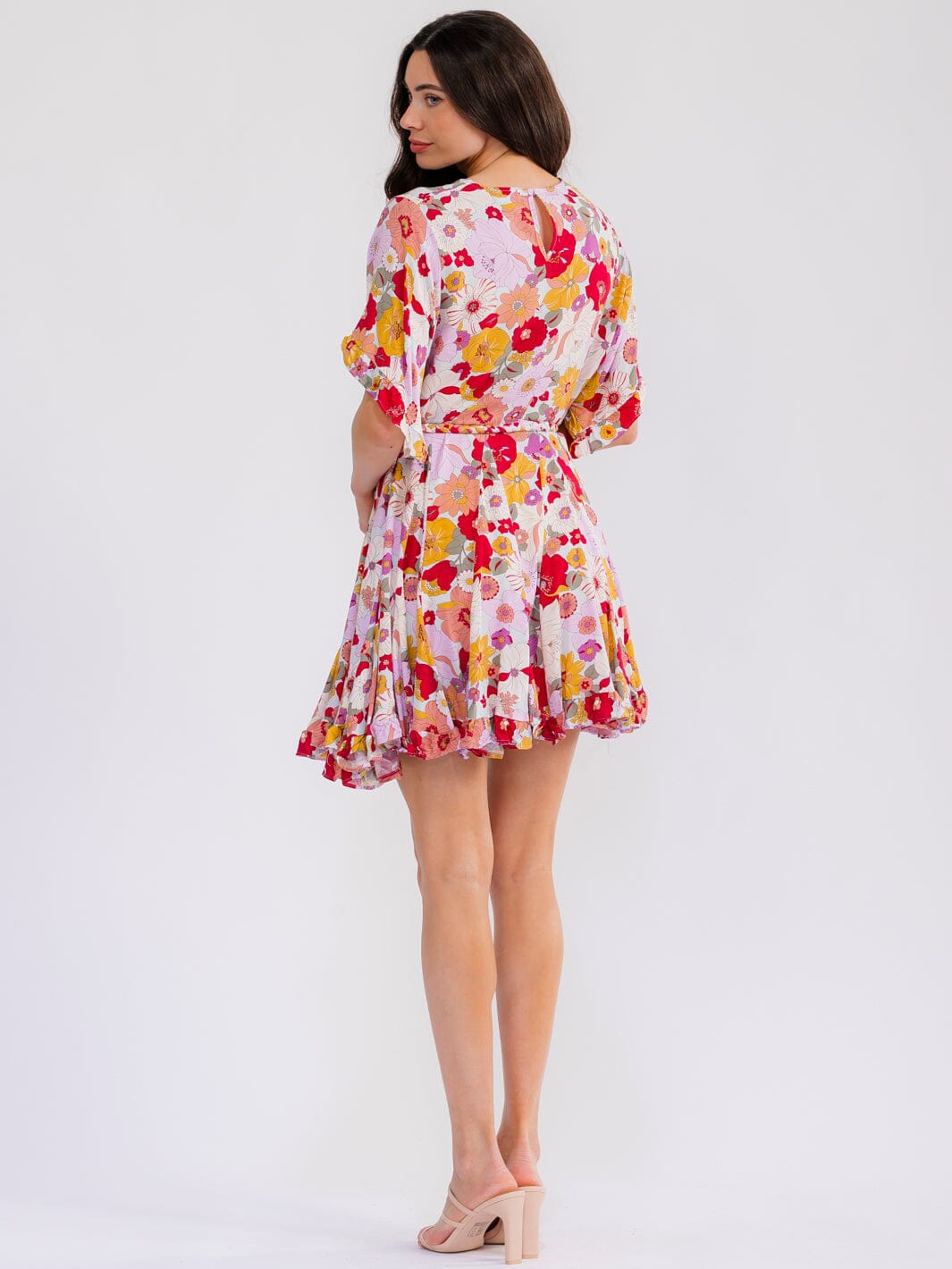 WOMEN'S SHORT SLEEV BELTED FLORAL MINI DRESS