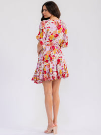 WOMEN'S SHORT SLEEV BELTED FLORAL MINI DRESS