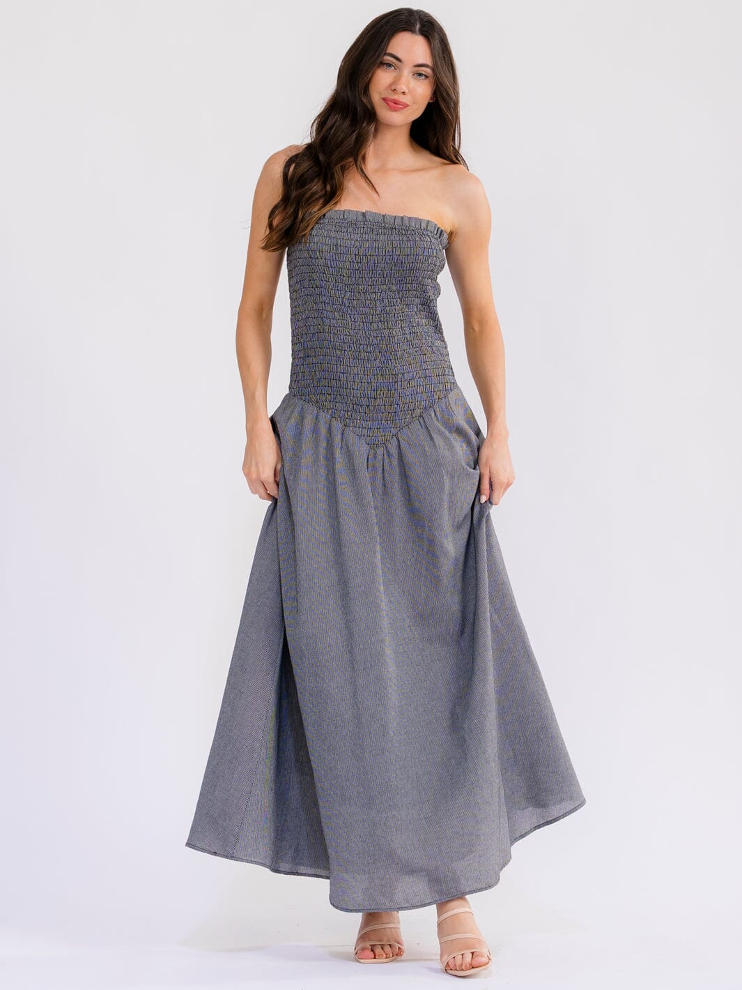 WOMEN'S SLEEVELESS SQUARE NECK SMOCK TUBE MAXI DRESS