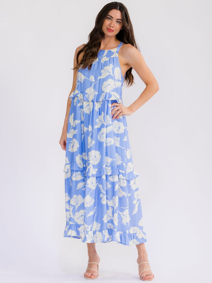 WOMEN'S SLEEVELESS FRONT POCKETS FLORAL RUFFLE MAXI DRESS