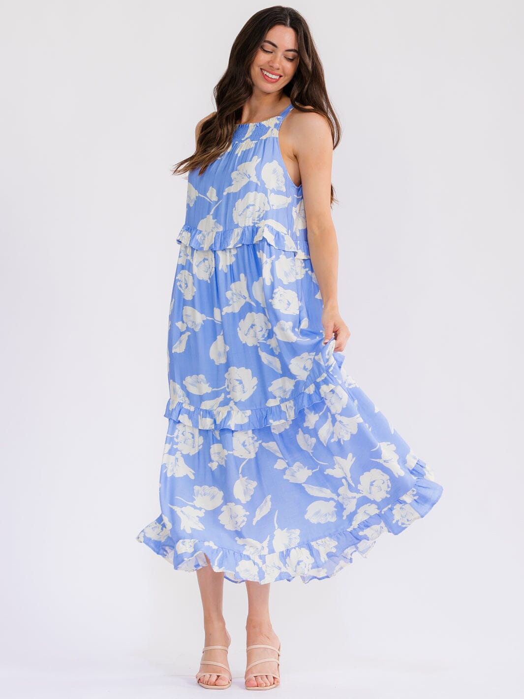 WOMEN'S SLEEVELESS FRONT POCKETS FLORAL RUFFLE MAXI DRESS