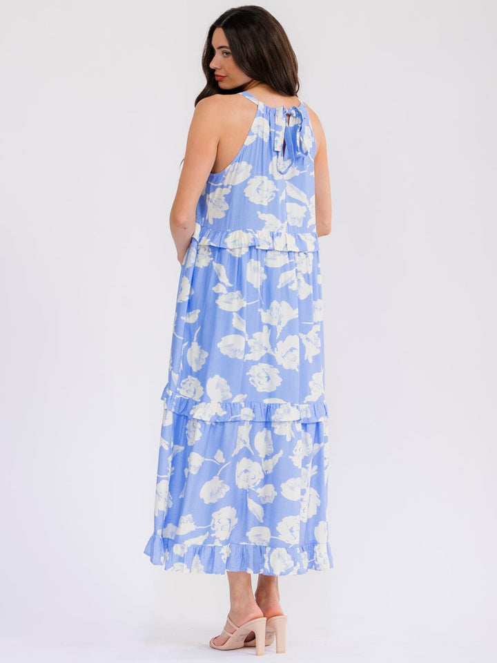 WOMEN'S SLEEVELESS FRONT POCKETS FLORAL RUFFLE MAXI DRESS