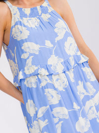 WOMEN'S SLEEVELESS FRONT POCKETS FLORAL RUFFLE MAXI DRESS