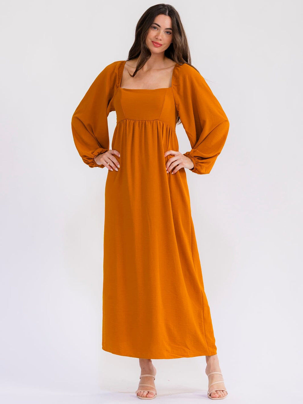 WOMEN'S LONG SLEEVE SQUARE NECK SMOCK MAXI DRESS