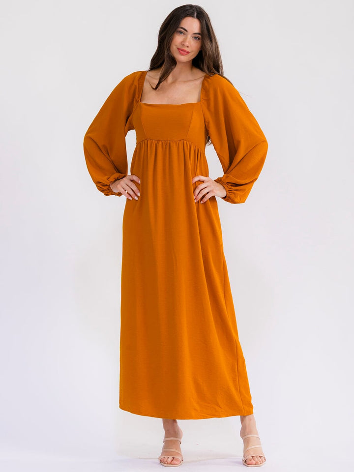 WOMEN'S LONG SLEEVE SQUARE NECK SMOCK MAXI DRESS