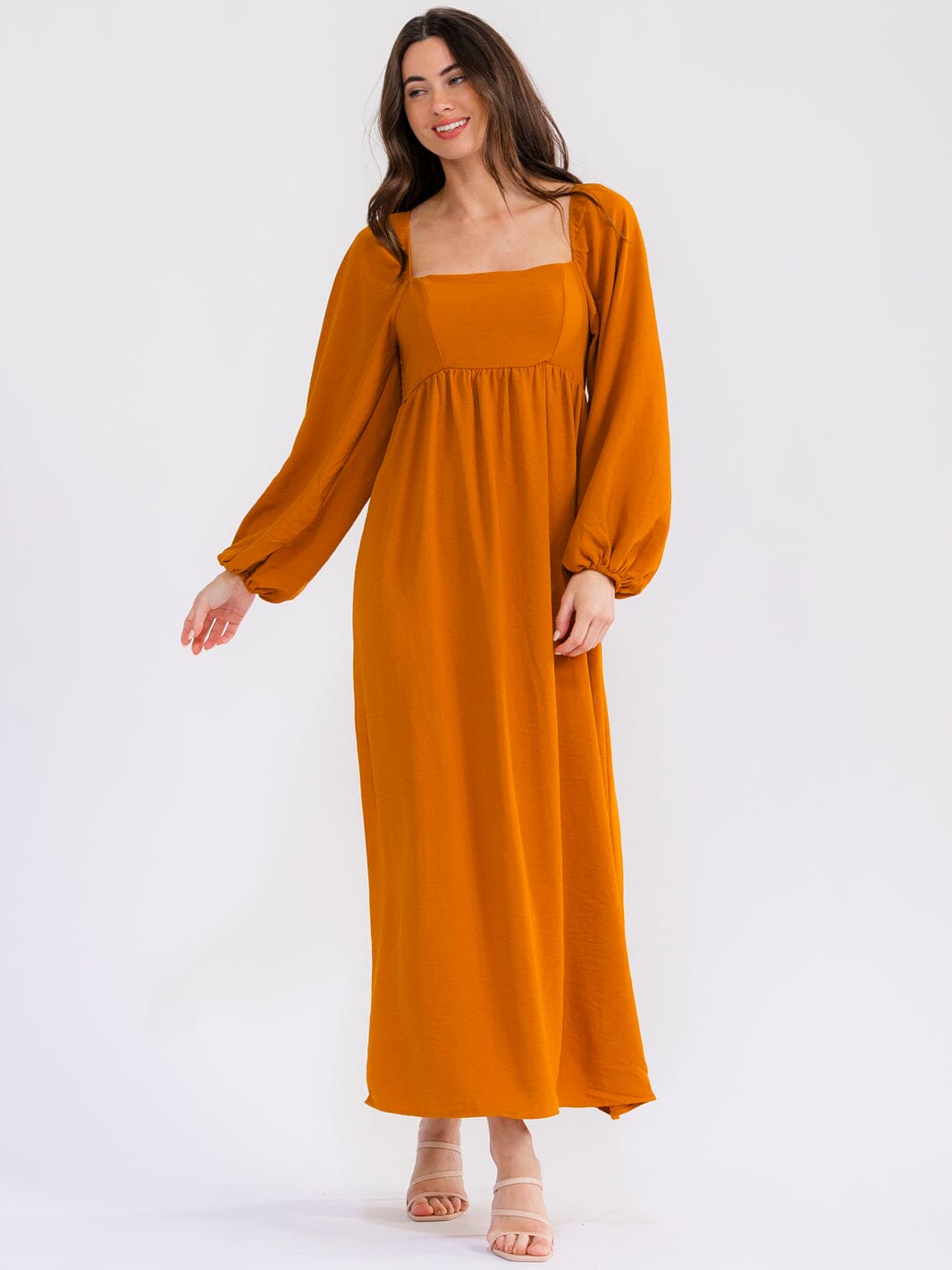WOMEN'S LONG SLEEVE SQUARE NECK SMOCK MAXI DRESS