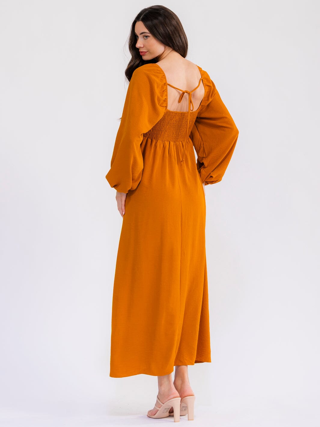 WOMEN'S LONG SLEEVE SQUARE NECK SMOCK MAXI DRESS