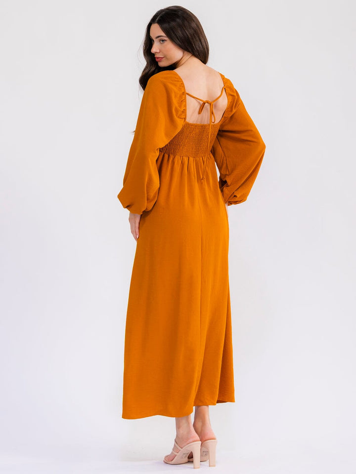WOMEN'S LONG SLEEVE SQUARE NECK SMOCK MAXI DRESS