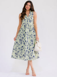 WOMEN'S SLEEVELESS BUTTON UP FRONT POCKETS FLORAL MAXI DRESS