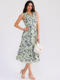 WOMEN'S SLEEVELESS BUTTON UP FRONT POCKETS FLORAL MAXI DRESS