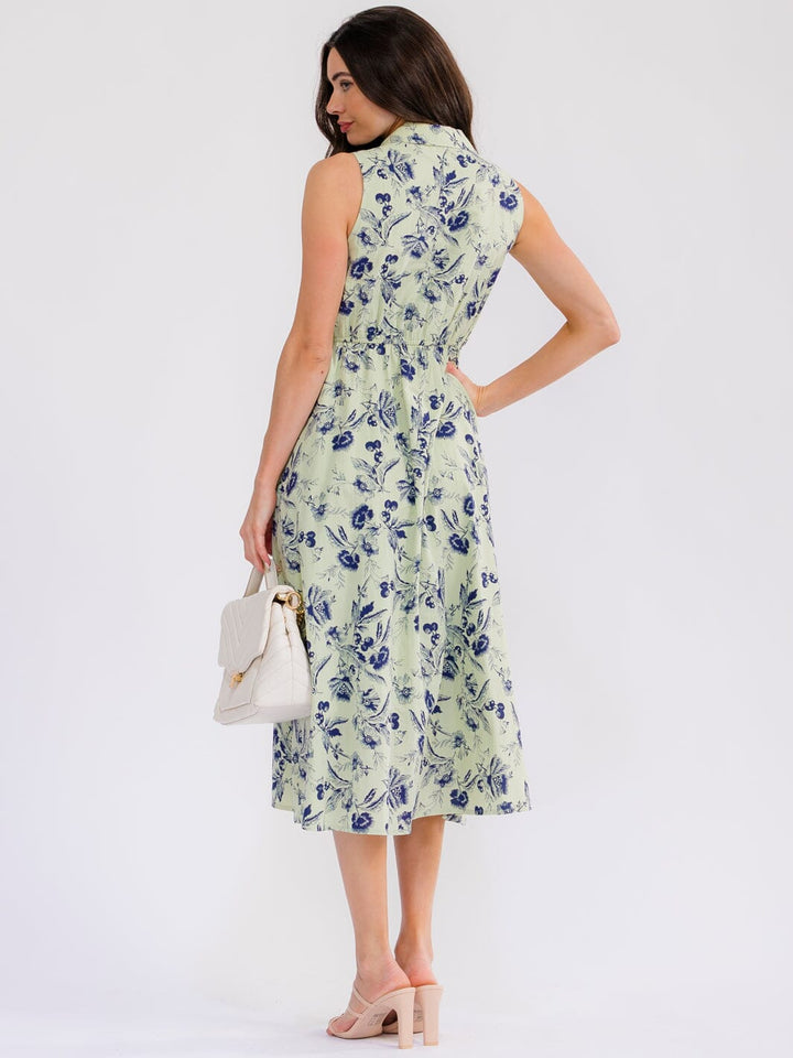 WOMEN'S SLEEVELESS BUTTON UP FRONT POCKETS FLORAL MAXI DRESS