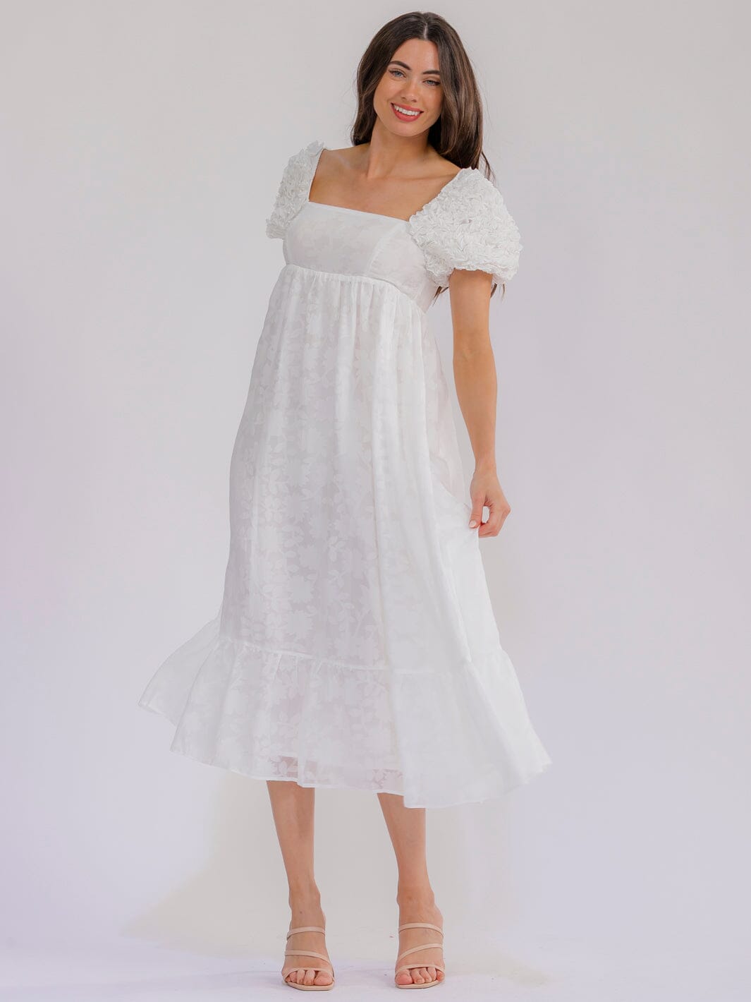 WOMEN'S SHORT PUFF SLEEVE SQUARE NECK SMOCK MAXI DRESS