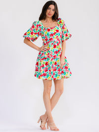 WOMEN'S SHORT PUFF SLEEVE SMOCK FIT & FLARE FLORAL MINI DRESS