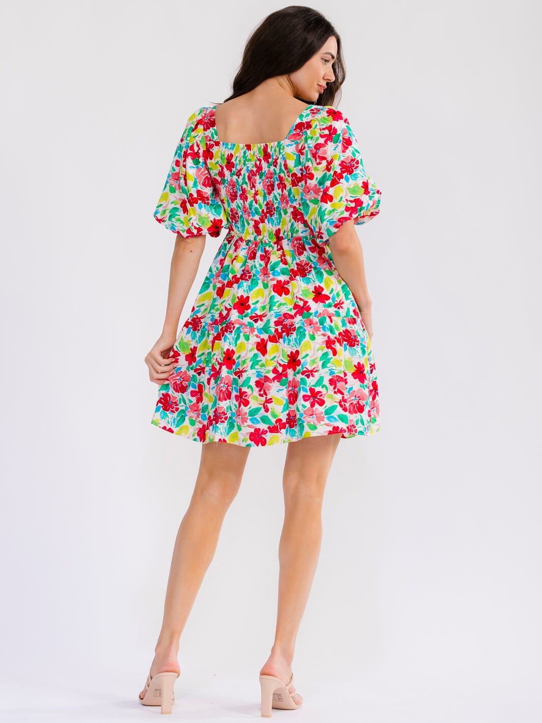 WOMEN'S SHORT PUFF SLEEVE SMOCK FIT & FLARE FLORAL MINI DRESS