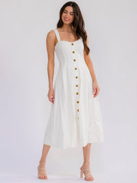 WOMEN'S SLEEVELESS BUTTON CLOSURE FLARE DENIM MAXI DRESS