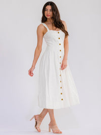 WOMEN'S SLEEVELESS BUTTON CLOSURE FLARE DENIM MAXI DRESS