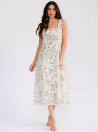 WOMEN'S SLEEVELESS SQUARE NECK BUTTON UP FRONT POCKETS MULTI PRINT MAXI DRESS