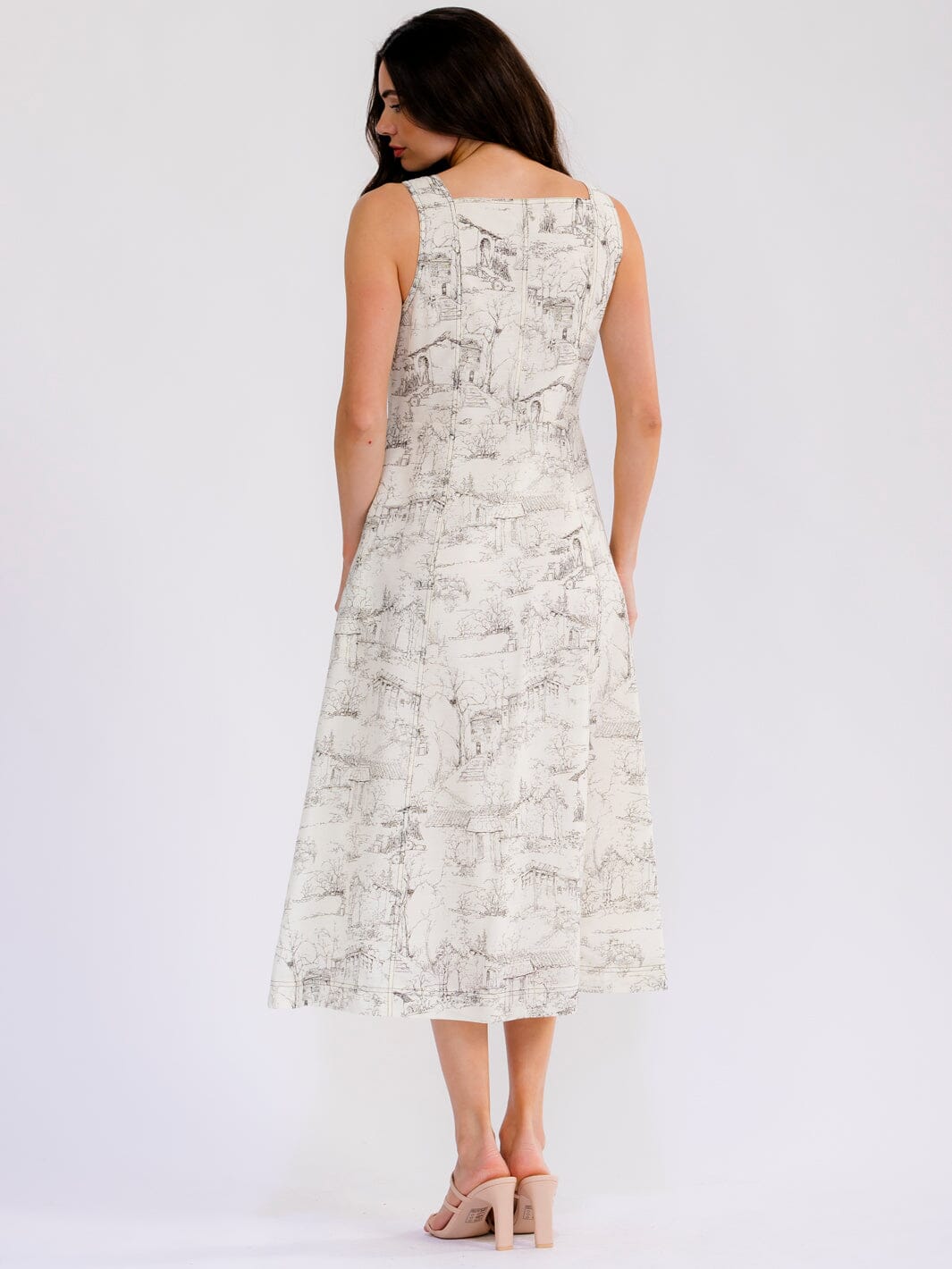 WOMEN'S SLEEVELESS SQUARE NECK BUTTON UP FRONT POCKETS MULTI PRINT MAXI DRESS
