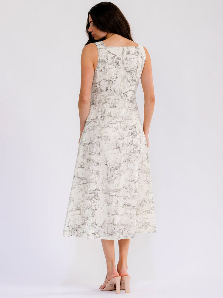 WOMEN'S SLEEVELESS SQUARE NECK BUTTON UP FRONT POCKETS MULTI PRINT MAXI DRESS