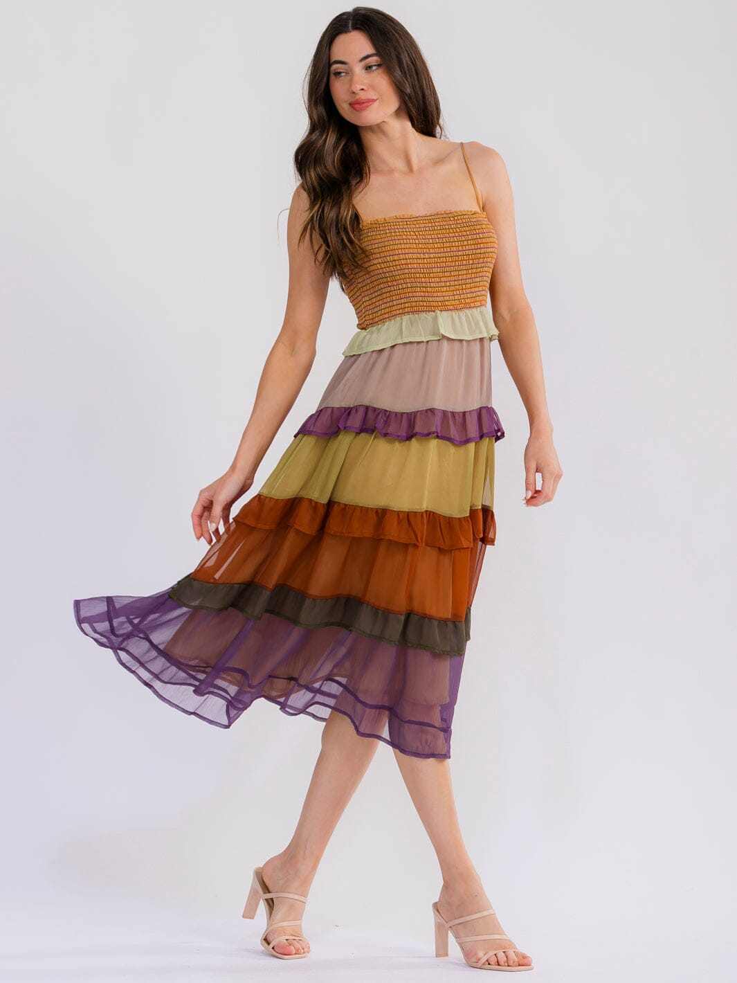 WOMEN'S SLEEVELESS SQUARE NECK SMOCK RUFFLE TIERED COLORBLOCK MIDI DRESS