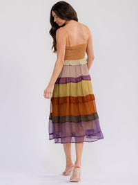 WOMEN'S SLEEVELESS SQUARE NECK SMOCK RUFFLE TIERED COLORBLOCK MIDI DRESS