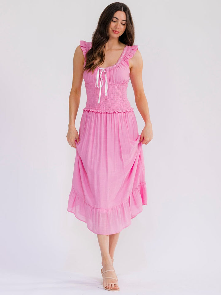WOMEN'S SLEEVELESS V-NECK SMOCK WAIST MAXI DRESS
