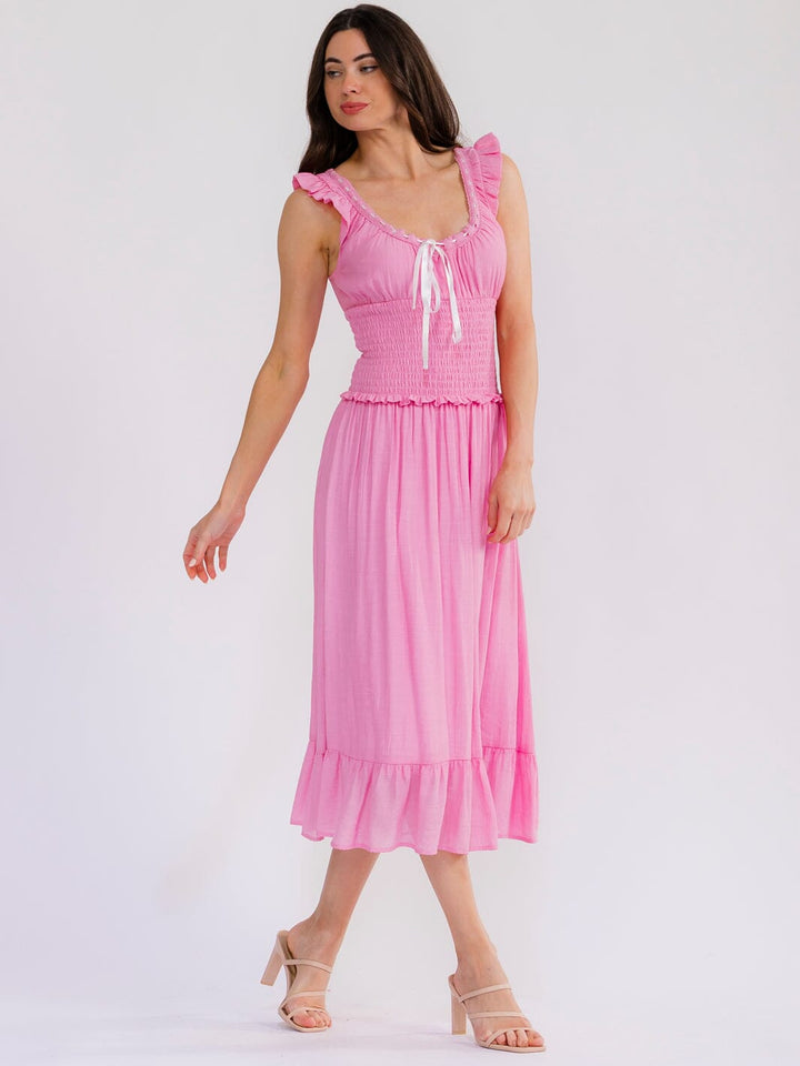 WOMEN'S SLEEVELESS V-NECK SMOCK WAIST MAXI DRESS