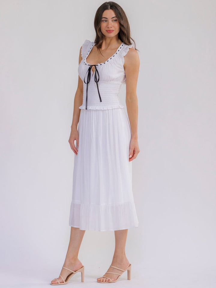 WOMEN'S SLEEVELESS V-NECK SMOCK WAIST MAXI DRESS