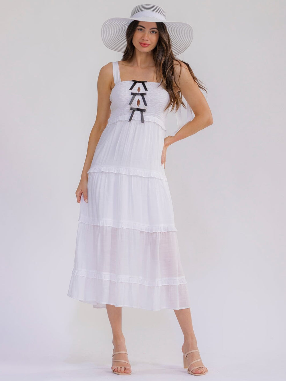 WOMEN'S SLEEVELESS SQUARE NECK SMOCK TIERED MAXI DRESS
