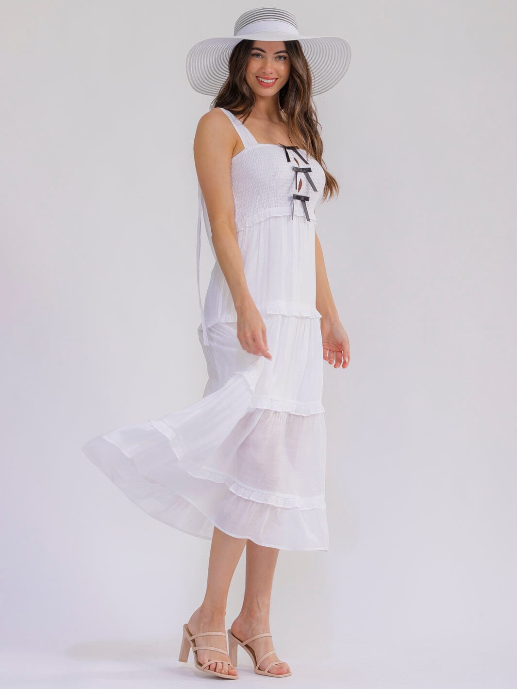 WOMEN'S SLEEVELESS SQUARE NECK SMOCK TIERED MAXI DRESS