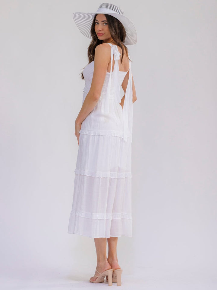 WOMEN'S SLEEVELESS SQUARE NECK SMOCK TIERED MAXI DRESS