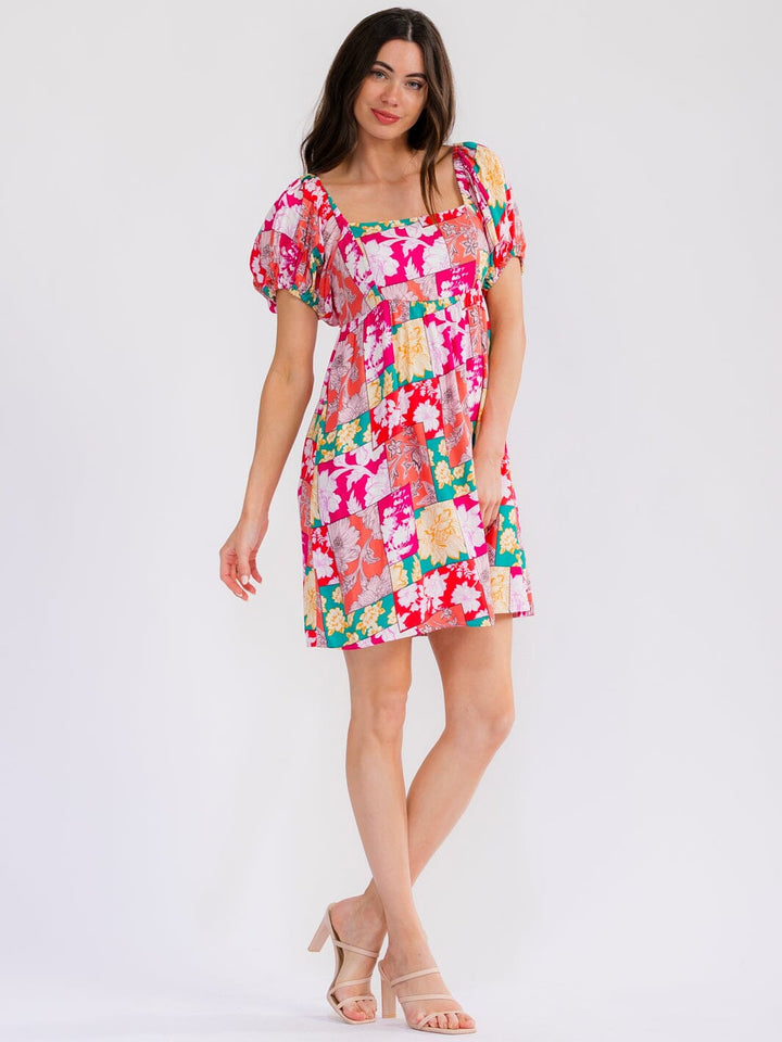 WOMEN'S SHORT SLEEVE SQUARE NECK SMOCK FLORAL MINI DRESS